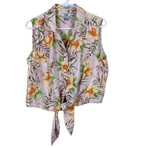 Vintage Silks by Bill Blass Jeanswear Tropical Print Silk Tie Front Top Size Lar